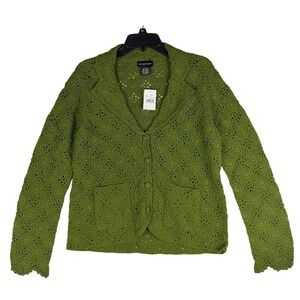 Sutton Studio Forest Green Crochet Linen Blend Button Front Cardigan Small NWT